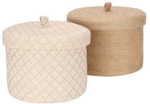 Sea Team 2 Pack Jute und Baumwolle Leinen Aufbewahrungskorb Nette runde Box für Toilettenartikel Spielzeug Verschiedenes Artikel 5 Liter Schreibtisch Gadget Organizer mit Deckel (Medium B)
