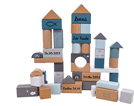 KIDSLINO Niedliche Stapelsteine aus Holz I personalisierbare Bausteine ab 2 Jahren in blau I Motorikspielzeug mit Holzbox 50 Stück I buntes Holzspielzeug als Taufgeschenk für Jungen und Mädchen