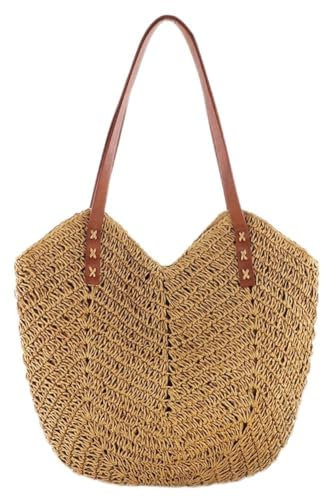 XIANXIAN Korbtaschen Damen Stroh Umhängetasche, Sommer Strandtasche Stroh Groß mit Reißverschluss, Handgemachte Strohtasche mit Leder Schultergurt for Frauen for Damenreisen und Urlaub