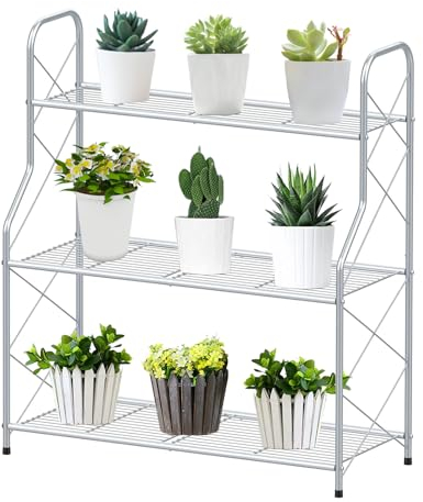 Bomclap Étagère à plantes en métal à 3 niveaux - Support pour pot de fleurs - Pour l'extérieur, l'intérieur, le balcon, le jardin - Multifonction - Grande capacité - Argenté