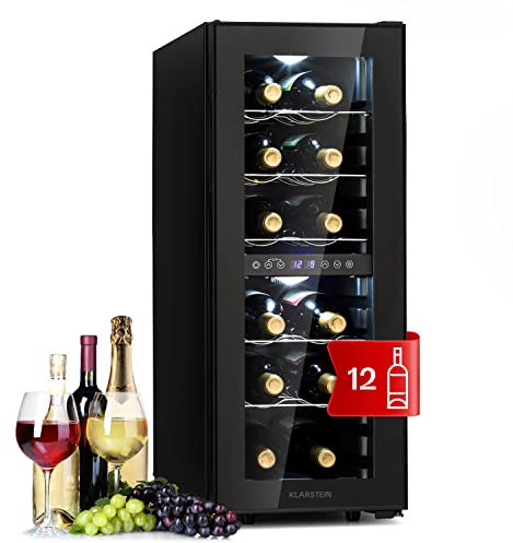 KLARSTEIN Vinoteca de Pie, Nevera para Vinos de Dos Zonas Refrigeración, Nevera para Cervezas Pequeña de Interior/Exterior Puerta de Cristal, Nevera Protección UV, 5-18°C, Botellero 12 Botellas