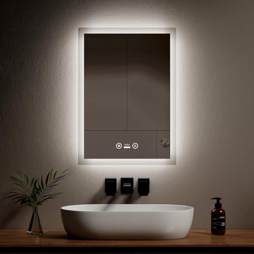 EMKE Badezimmer LED Spiegel mit Bewegungsmelder Schalter - Beleuchteter Badezimmer Smart Sensor Spiegel Wandmontage Multifunktions Schminkspiegel mit Lichtern, Demister, energiesparend, 500 x 700 mm