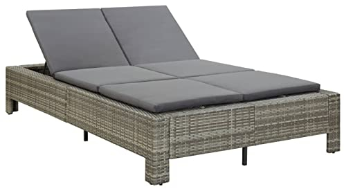 Yolola 2-Personen-Sonnenliege Verstellbar Gartenliege Garten Rattanliege Doppelliege Gartenliege Rattanliege Loungebett Outdoor Liegestuhl Sonnenliege Draußen Gartenmöbel mit Auflage Grau