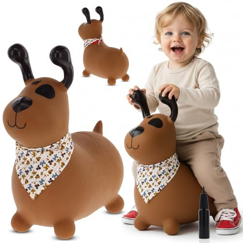 sun baby Animal Sauteur Gonflable, Jouet Enfant 1 an pour l'intérieur et l'extérieur, Design Ergonomique, Pompe Manuelle Incluse (Chien Brun)