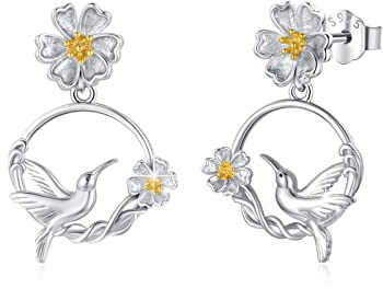 Kolibri Ohrringe für Frauen Sterling Silber Vogel Daisy Blume Dangle Drop Ohrringe Schmuck Geschenke (Huggie)
