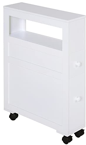 HOMCOM Armario de Baño con Ruedas Mueble de Baño Estrecho con 2 Cajones y Estante de Almacenamiento Carga 20 kg 16x52x71,5 cm Blanco
