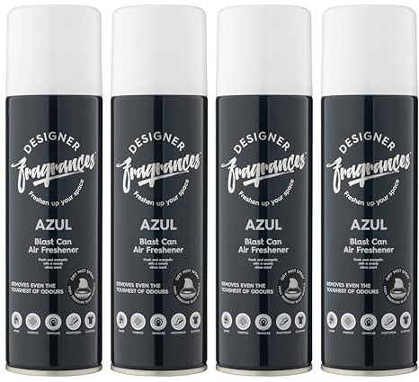 Designer Fragrances 4 Pack Azul Air Freshener Blast Cans - For Home & Vehicles – Natural Oils, Luxury Lasting Smell, Dry Mist Quick Release Spray – Deodorise & Neutralise Odours – 300ml