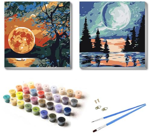 UNIQUORS Malen Nach Zahlen Erwachsene mit Rahmen Leinwand, Gemälde Abstrakt Handgemalt Mond Landschaft, Paint by Numbers, Ölgemälde Kits mit Pinsel und Acrylfarbe, 2 pack, 20 x20 cm