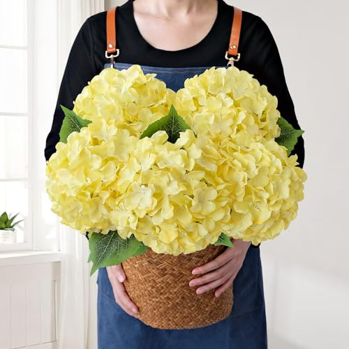 JINWOE Lot de 5 têtes de fleurs d'hortensia jaunes avec tiges, 50,8 cm, pour mariage, maison, jardin, bouquet d'intérieur, centres de table, arrangements floraux