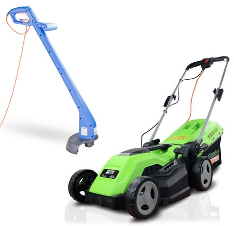 Hyundai 250w 25cm Corded Electric Grass Trimmer and GardenTek 15/38cm Electric Lawnmower 1600w/230v Roller Mulching Lawn Mower, 5 Cutting Heights, 40l Grass Catcher