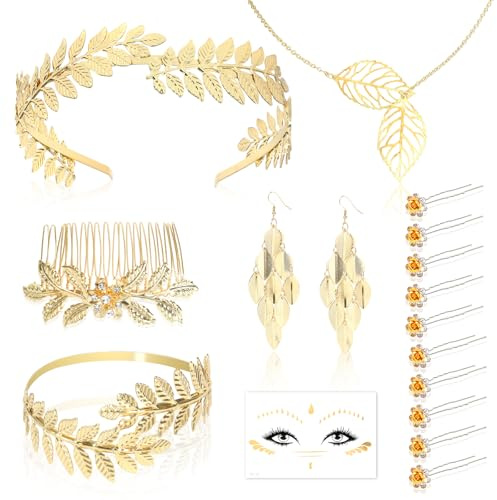 DPKOW Damen Griechische Göttin Kostüm Zubehör, Griechische Göttin Schmuck Lorbeerkranz Kopfschmuck Haarspange Halskette Ohrringe Oberarm Armbänder Gesichtstattoo, Karneval Hochzeit Braut Kopfschmuck