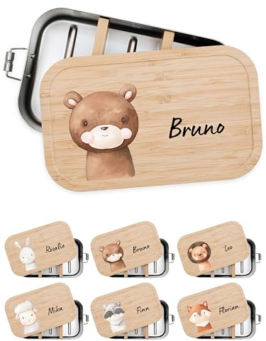Bärenfreunde® - Personalisierte Brotdose für Kinder mit Spezial-Druck - Robuste Edelstahl Brotdose - Personalisierte Geschenke für Kinder & Erwachsene (Bär,klein Weißblech)
