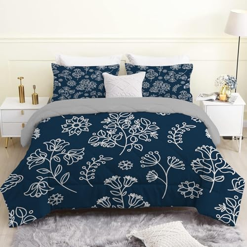 Linfye Bettdecke 135x200 4 Jahreszeiten, Böhmisches Blau Vierjahreszeiten Steppdecke 135x200, Warme Ganzjahresdecke Graue Pflanzen Bettdecke ohne Bezug Waschbar Schlafdecke mit 2 Kissenbezug 80x80cm