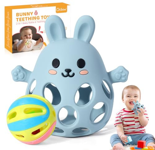Orzbow Rassel Baby, Multifunktions Beißring Baby mit Rassel, Greifball für Babys über 3 Monate, Leichtgewicht, Leicht Greifen & Reinigen, Atmungsaktiv, Taubenblau