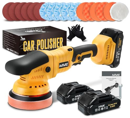 AUTIWOZ Lucidatrice Batteria 21V,Levigatrice Orbitale 9mm/Lucidatrice Senza Fili,Lucidatrice Professionale per Auto,2800-5800RPM,Lucidatura e Levigatura,2 Batterie,Spugna per Lucidatura 125mm