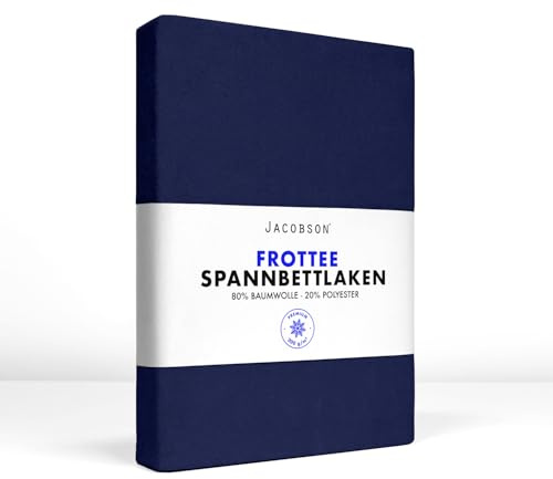 Jacobson Premium FROTTEE Spannbettlaken Spannbetttuch Bettlaken Baumwolle ca. 200g/m² (140-160x220cm + 40cm, Dunkelblau)