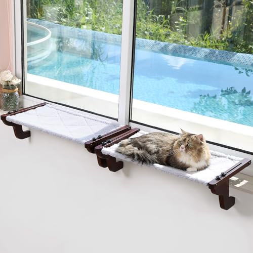 Zakkart 2 posatoi per gatti facili da sedere, per davanzale della finestra, design con legno di pino e robusta struttura in metallo, per gatti e gattini di grandi dimensioni (legno tinto scuro con