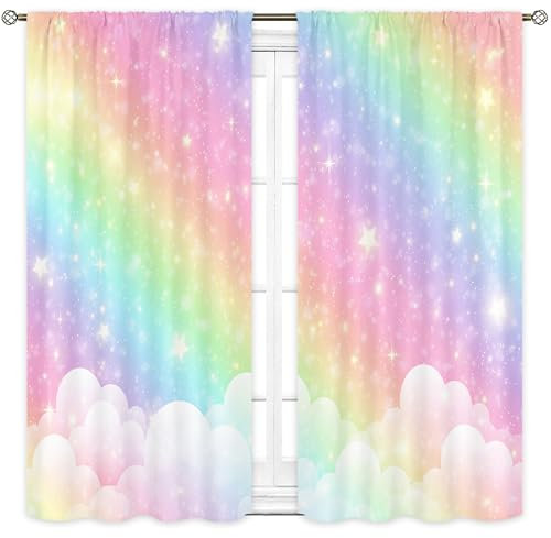 Cinbloo Regenbogen-Vorhänge, 106 x 114 cm (B x H), Pastell-Vorhänge, Mädchen, Cartoon, niedlich, bunt, Himmel, Wolken, Sterne, ästhetische Kunst, bedruckt, Mädchen, Prinzessin, Wohnzimmer,
