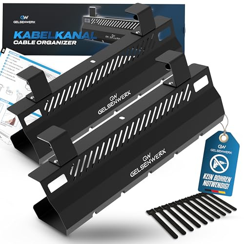 GELSENWERK Organizador de cables para escritorio sin taladrar – Escritorio de gestión de cables para un manejo limpio de cables – Bandeja de metal – Negro – 2 modos de montaje