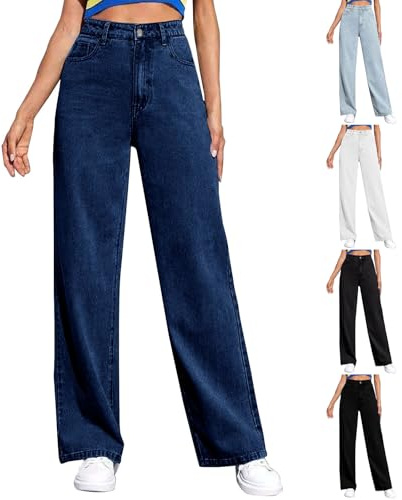 Weite Jeans Damen Dunkelblau High Waist Gerades Bein Baggy Jeanshose Straight Leg Hosen Stretch Sommerjeans Leicht Locker Hose Denim Monatsabrechnung Anzeigen