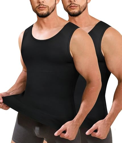 Junlan Men Compression Shirt Vest 2 Pack Slimming Body Shaper Tummy Control Shapewear Tank Tops Seamless Undershirts (Black/Black,3XL)