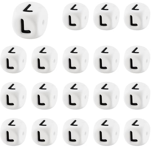 LEGENTLISUR Lot de 20 perles en silicone en forme de lettres 12mm, cubes blancs, alphabet des voyelles, perles lâches pour bracelets de l'amitié, colliers, porte-clés, création de bijoux, projets DIY