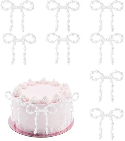 Lyreh 8pcs Pearl Bow Cake Decorations, Coquette Party Decor Artificial Pearls Elegant White Bow Theme Cupcake Toppers for Wedding Birthday Party Floral Bouquet Wrapping