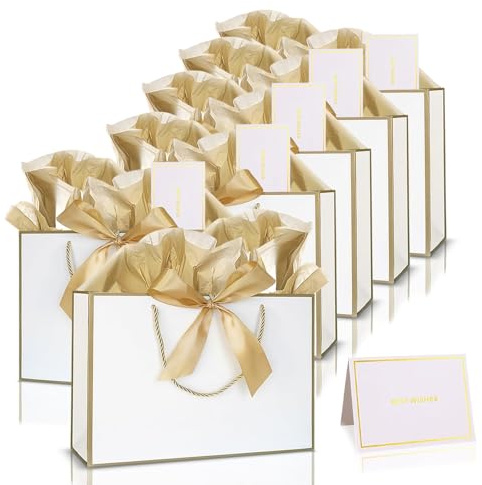 Geschenktüten mit Schleife,6 Stück Geschenktüten Papier Weiß Gold mit Griffen,6 Schleifenbändern 6 Grußkarten 12 Seidenpapier,Verpackung Geschenke für Geburtstag,Hochzeit,Party,Bogenpapier