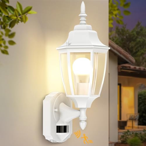 Lamomo Outdoor Wall Lights, White Outside Motion Sensor Lights Mains Powered, Waterproof Aluminium PIR Security Light Outdoor, Traditional Lamp for Porch, E27 Bulb Base