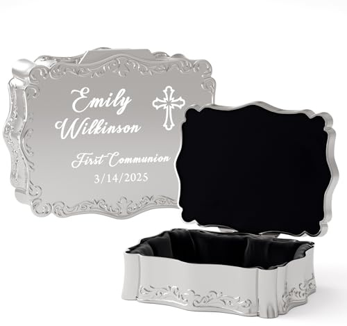 iDIY Regalos de Bebé Personalizados - Caja de Joyas Personalizada con Nombre y Fecha Grabados, Regalo de Bautizo Regalos de Bebé para Esposa, Hija-Rectangular-Cruz