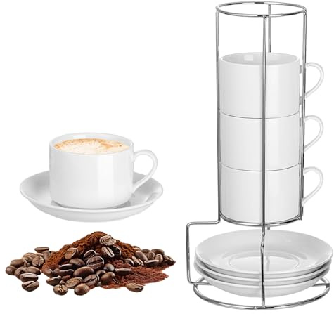 Juego de 4 tazas de espresso de porcelana, tazas de espresso de cerámica, tazas de espresso de colores con platillos y soporte de metal, diseño apilable para latte, café, café, moca, té, blanco