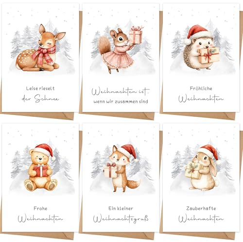 12 Weihnachtskarten mit Umschlag Set - Hochwertiges Klappkarten mit Sprüche | A6 Merry Christmas Cards - Kleine Weihnachtskarten für Kinder - Blanko Seiten zum Schreiben und Drucken, Aquarelltiere