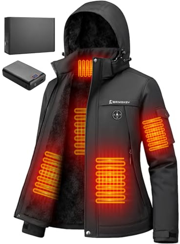Brimekey Heated Jackets for Women with Fleece Lining, 20000mAh 7.4V Battery Pack Women's Heated Coat, 6 Heating Zones Windproof Waterproof Electric Hoodie Jacket Skiing Hunting
