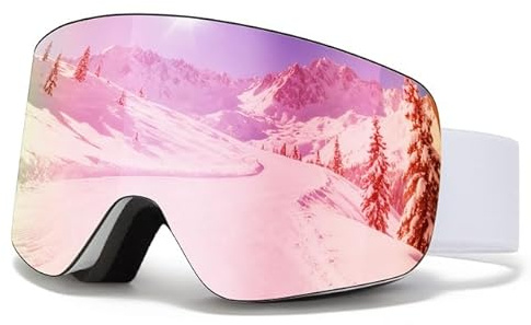 VCOROS Snowboard Ski Goggles Men Women Frameless Anti Fog OTG Snow Goggles Skating Skiing Snowmobile Detachable Lens(White Frame REVO Pink)