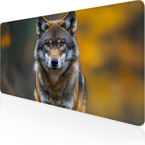 Alfombrilla Ratón XXL 1200x600x3mm, Amarillo Alfombrilla Escritorio Lobo Mouse Pad Gaming con Base de Caucho Antideslizante e Impermeable Almohadilla Teclado, Protector Escritorio para Oficina D1-764