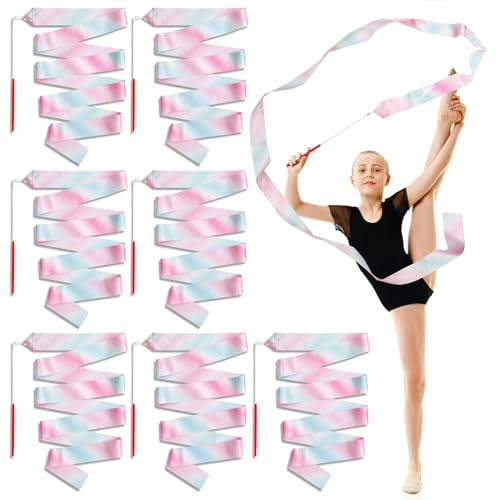 7 stycken gymnastikband med stång, 2 m dansband med stav för barn – färgglada dansband för barndans, rytmisk sportgymnastik, fysisk träning, talangshow, kul för flickor och pojkar