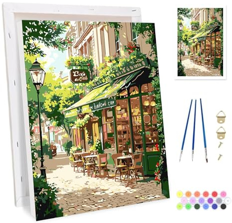 Bowetile Måla efter siffror för vuxna med ram, gatucafé nummermålningsset för nybörjare, canvassats, vanligt pysselset på duk med penslar, heminredning 20 x 30 cm
