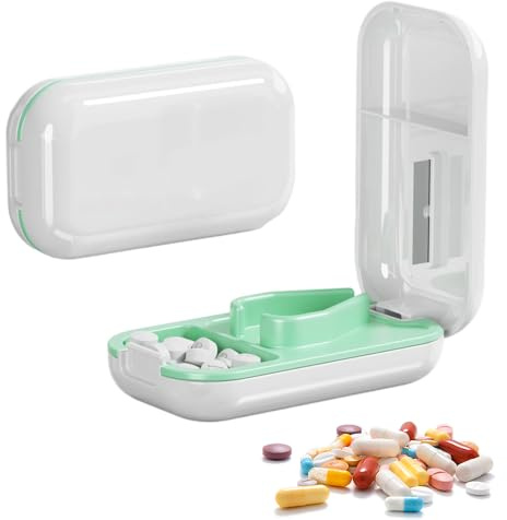 Tablettenteiler mit Aufbewahrungsfach, Tragbarer Tablettenteiler für Kleine Tabletten Und Große, Pillenteiler Und Mehrfachpillen Pill Cutter für Reise & Haustier, Täglichen Gebrauch (Weiß)
