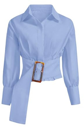 OYOANGLE Women's Button Down Pleated Shirts Stand Collar Long Sleeve Cropped Tops Dressy Casual Blouses Light Blue Large