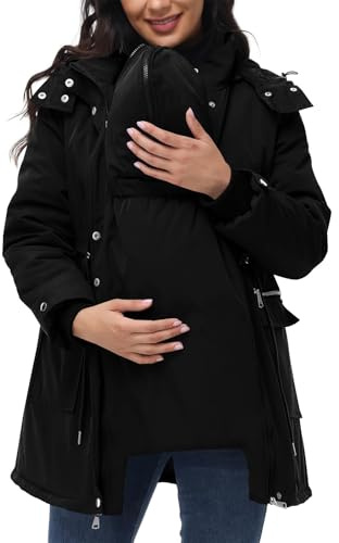 Maternity Coat Womens 3 in 1 Thickened Outwear UK Trendy Fleece Lined Coat Winter Warm Hooded Jacket Casual Long Sleeve Solid Color Zipper Coats with Pockets