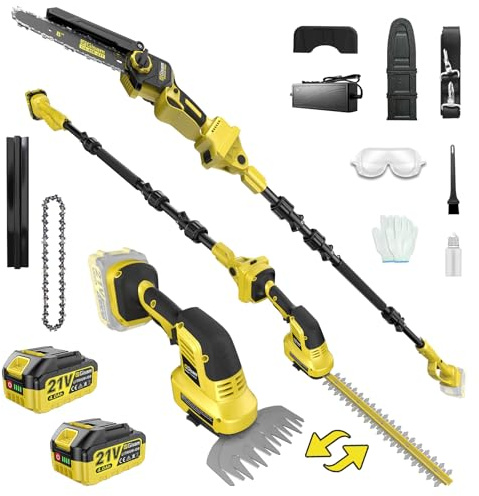 6-IN-1 Cordless Pole Saw & Pole Hedge Trimmer, Dual 4.0Ah Batteries, 8 Brushless Pruning Saw& 16 & 6 Electric Hedge Trimmer Grass Shears, Bush Trimmer, 14.8FT Reach Electric Tree Trimming Kit