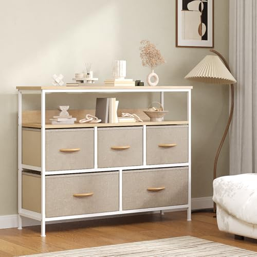 Feonase Chest of Drawers, 5 Drawers Dresser with TV Stand, Metal Frame and MDF Top Board, Adjustable Feet, Storage Unit Ideal for Bedroom, Living Room, Closet, Hallway, Khaki