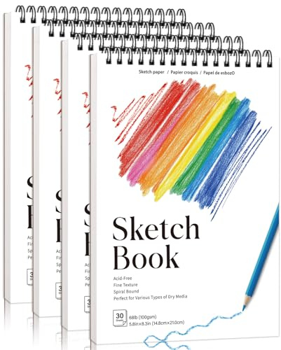4 Pack A5 Sketchbooks, Top Spiral, 30 Sheets, 100gsm, Acid-Free
