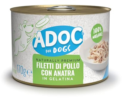 Adoc Naturally Premium, Cibo Umido Complementare per Cani Filetti di Pollo con Anatra, 24 Lattine da 170 grammi in Gelatina Senza Conservanti e Coloranti