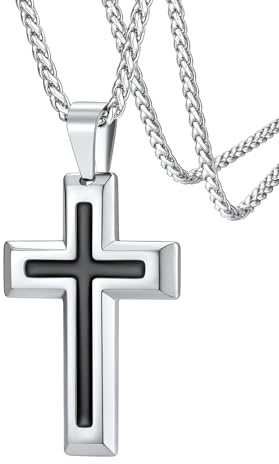 FaithHeart Kreuzkette Herren Weizenkette Edelstahl Wasserfeste Kette mit Kreuz Anhänger Halskette für Vatertag/Geburtstag Schmuck Männer Cross Necklace Gebetskette mit 55CM