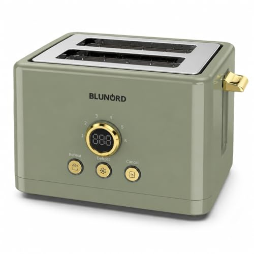 Blunord Tostapane 2 Fette Digitale green, 750-850W, Display LED, 6 Livelli di Doratura, Funzioni Scongelamento Riscaldamento e Cancel, Vassoio Raccoglibriciole Estraibile