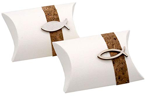 ZauberDeko 2 Gastgeschenke Schachtel Fisch Holz Creme Kork Kartonage Tischdeko Kommunion Konfirmation