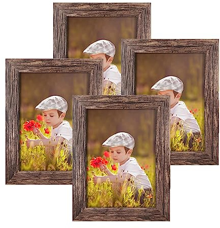 Q.Hou 5x7 Picture Frame Wood Pattern Rustic Brown Photo Frames Packs 4 with High Definition Plexiglass for Tabletop or Wall Decor (QH-PF5X7-BR)
