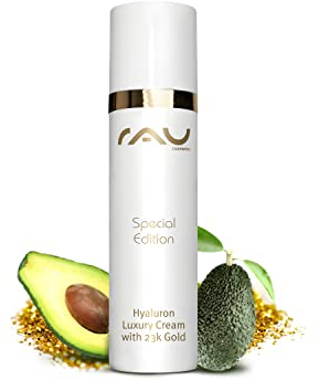 RAU Cosmetics Hyaluron Luxury Tagescreme mit 23 Karat Gold (50 ml) - Anti-Aging Gesichtspflege mit Hyaluronsäure, Avocadoöl, Sheabutter & Vitamin C - Feuchtigkeitscreme für Trockene Reife Haut