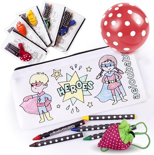 aeioubaby.com 25 Federmäppchen zum Ausmalen + Wiederverwendbare Tasche | 25 einzelne Taschen mit 5 bunten Wachsmalstiften und Luftballon | Geschenk Kinder auf Festen und Geburtstagen (Helden)